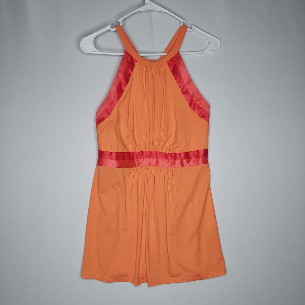 Arden B Halter Top Womens‎ Large Orange Pink Satin Stretch Empire Cross-back Y2K